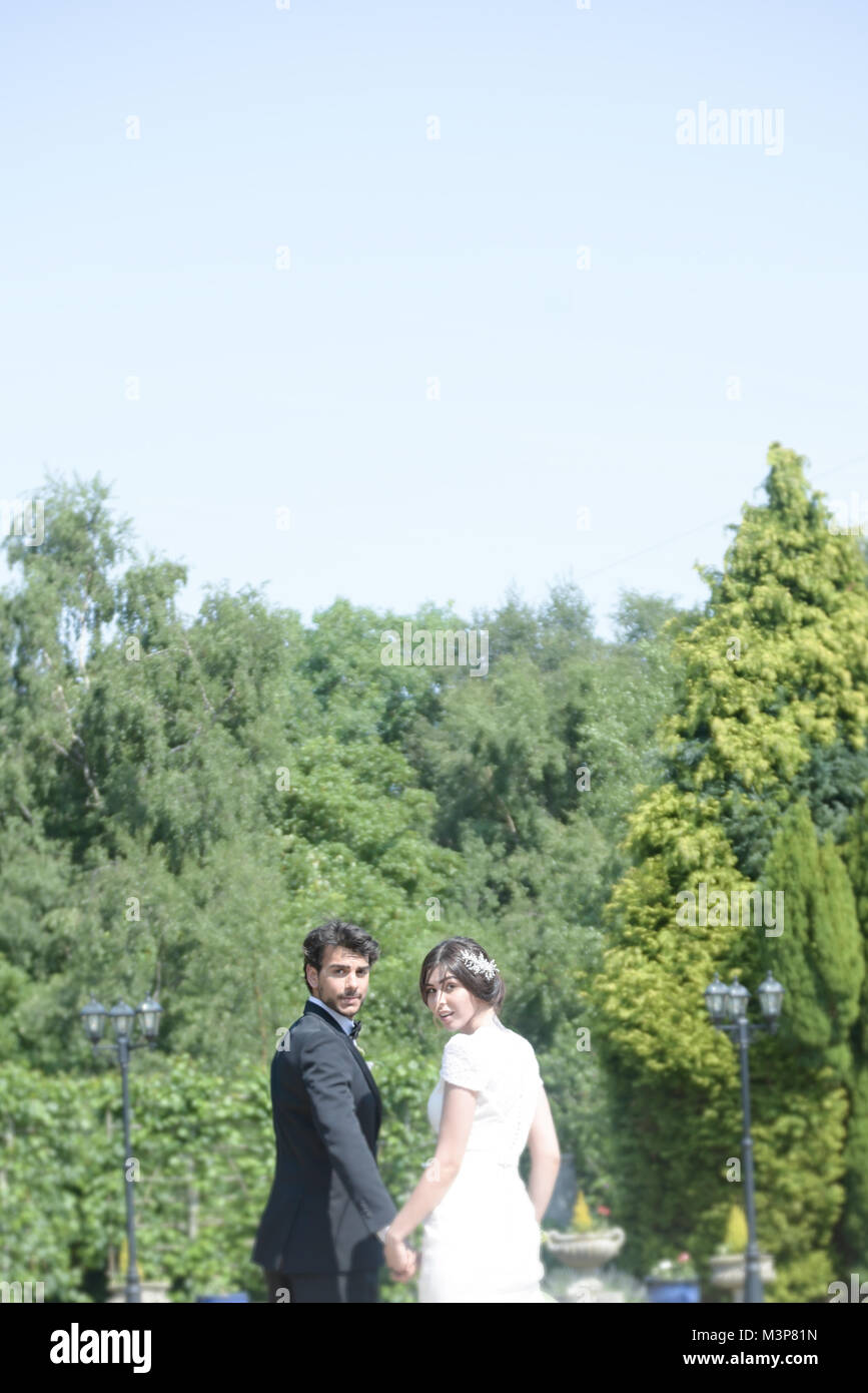 Schöne dunkelhaarige Braut und Bräutigam auf eine gestaltete Hochzeitstag - traditionelles weißes Kleid/schwarzen Anzug - Art déco-Stil mit hellen, sonnigen Tag Stockfoto