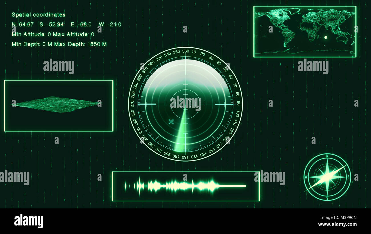 U-Boot Sonar mit Ziel auf der Karte. HUD Standort angezeigt, Landschaft Oberfläche und die Koordinaten des Ziels. Stockfoto