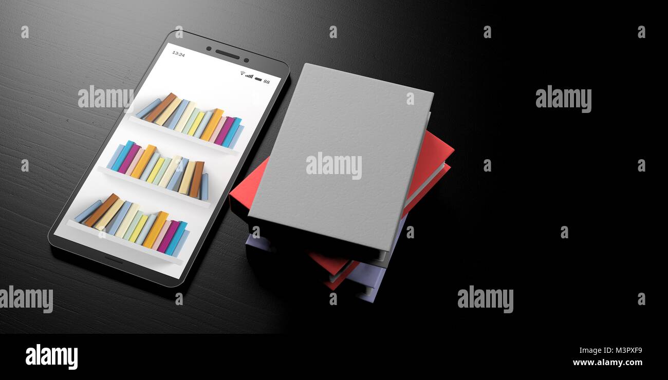 E-learning Konzept. Bücher in den Regalen auf einem Bildschirm des Smartphones und Bücher auf einem schwarzen Hintergrund Holz, Banner, kopieren. 3D-Darstellung Stockfoto