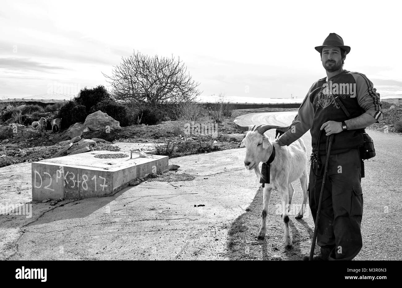 Schäfer mit seiner Billy Goat in El Ejido, Spanien Stockfoto
