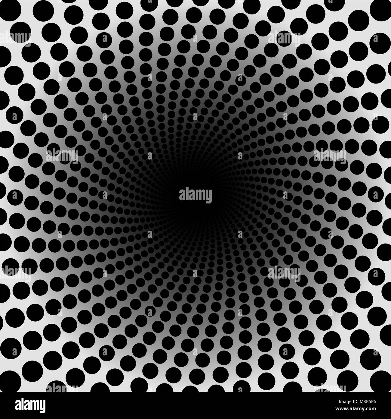 Spiralförmige Muster. Schwarze gepunktete Tunnel mit dunklem Zentrum - Twisted kreisförmigen Hintergrund Illustration, hypnotisch und psychedelisch. Stockfoto