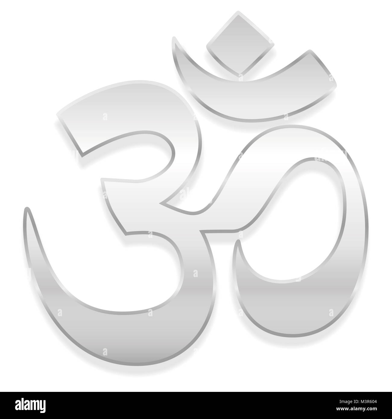 Om oder Aum Symbol. Spirituelle Heilung silber Symbol des Buddhismus und Hinduismus - Abbildung auf weißen Hintergrund. Stockfoto