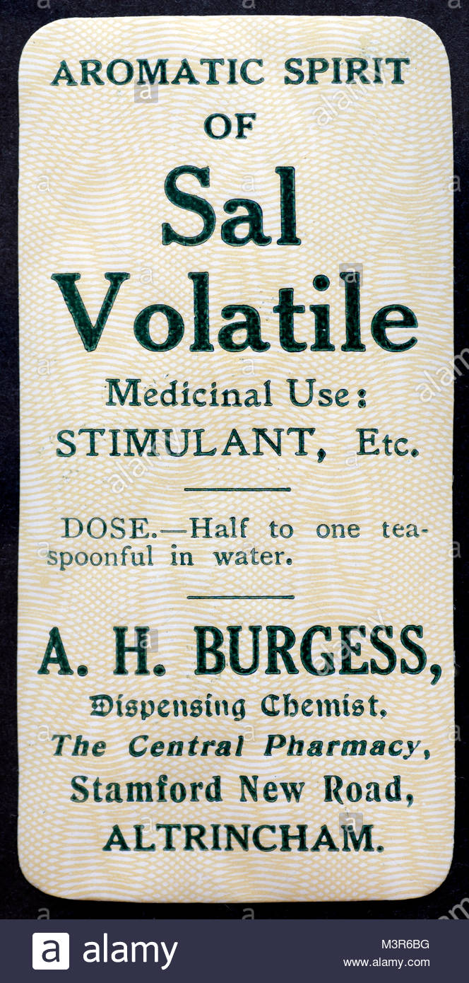 Vintage Chemiker Etiketten für Medizin Flaschen 1950er-aromatischen Geist der Sal Volatile Stockfoto