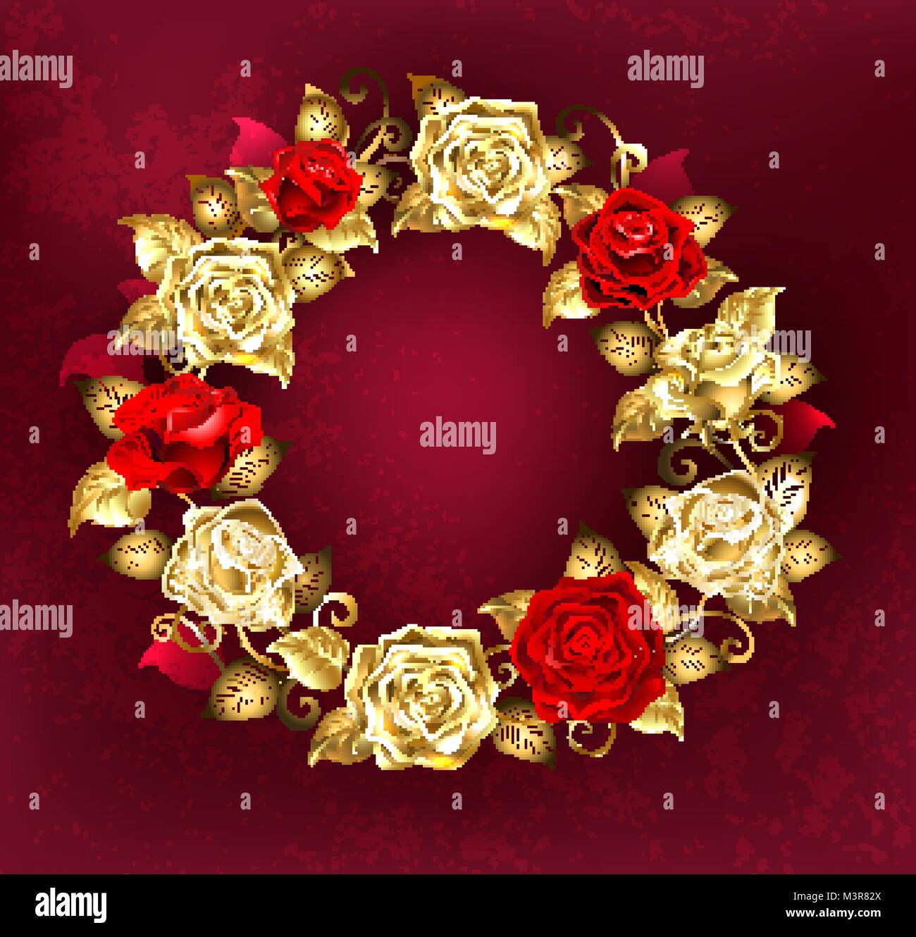 Runde Kranz von Rot und Gold Rosen mit goldenen Blätter auf einem roten strukturierten Hintergrund. Design mit Rosen. Gold stieg. Stock Vektor