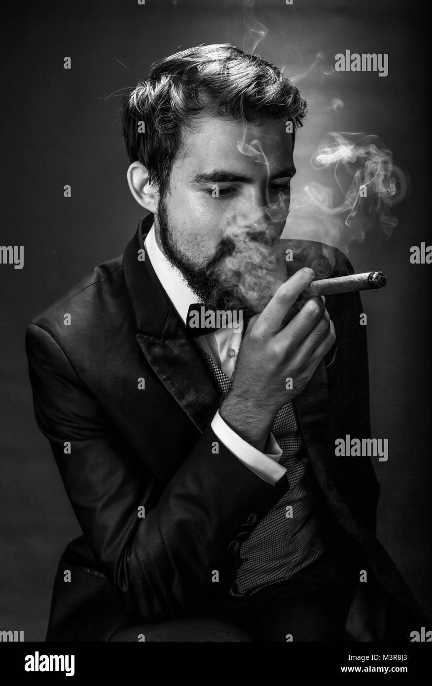 Schwarz-weiß-Porträt von bärtigen rauchen Gentleman in einem Anzug Perzeptiven an der Zigarre suchen Stockfoto