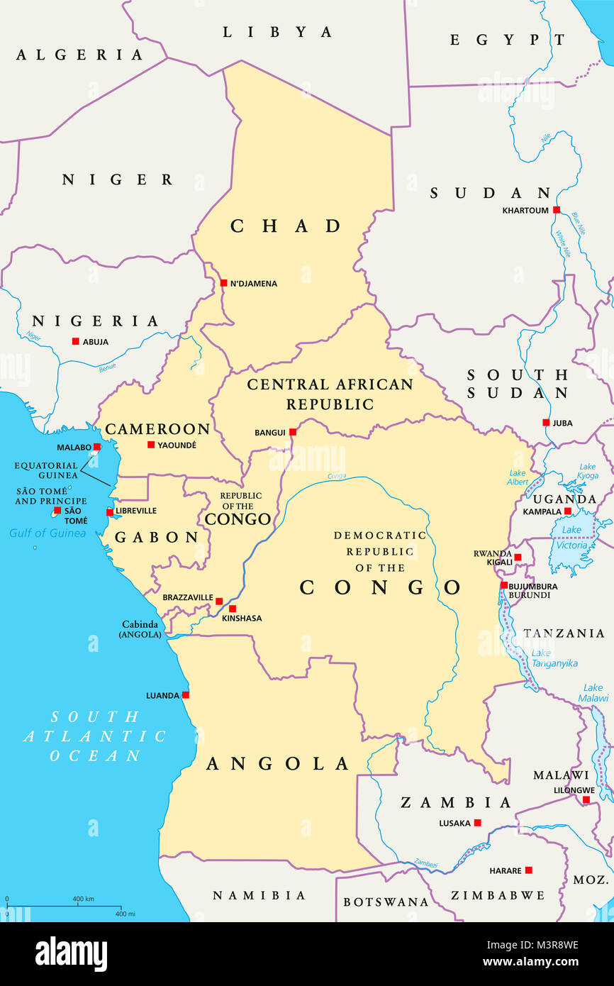Zentrale Region Afrika, politische Karte. Bereich mit Kapitellen, Grenzen, Seen und Flüsse. Kernregion des afrikanischen Kontinents. Stockfoto