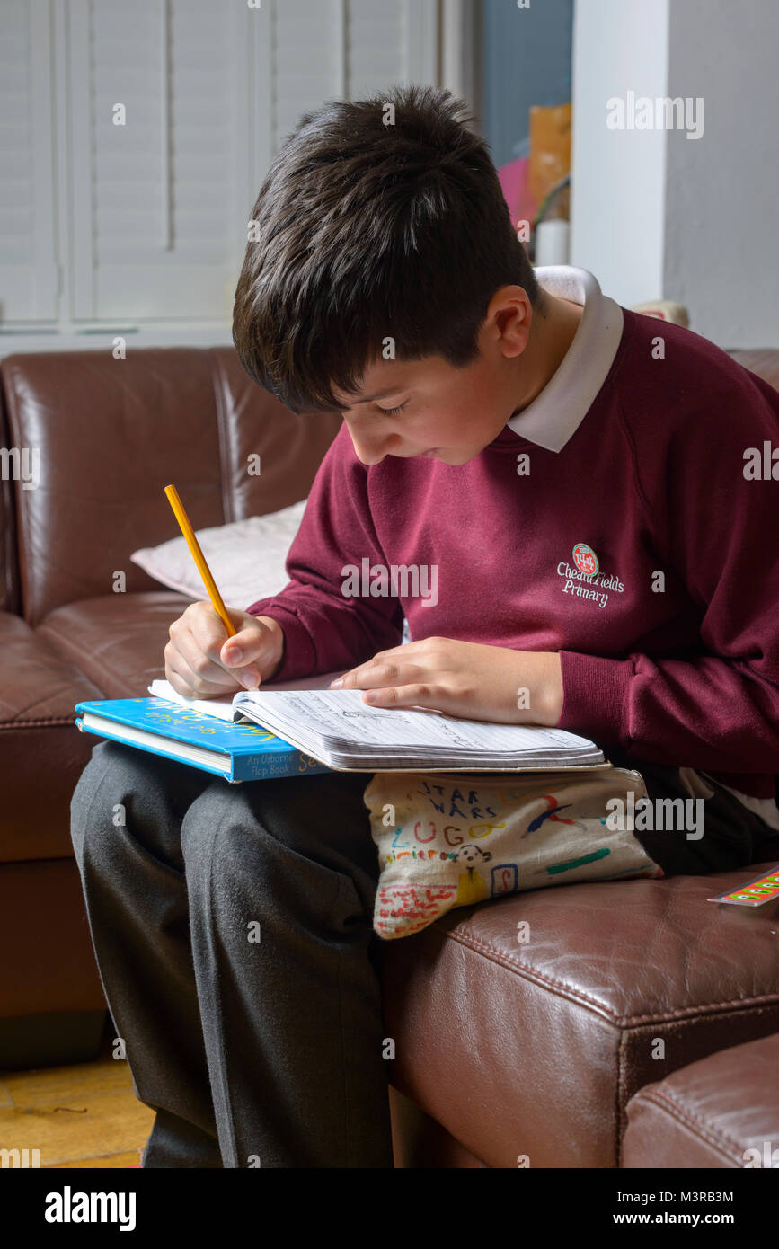 Die Schüler arbeiten auf seine Hausaufgaben zu Hause, Surrey, Großbritannien Stockfoto