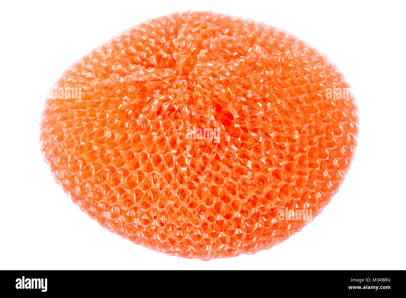 Orange leuchtende Kunststoff topfreiniger auf weißem Hintergrund Stockfoto
