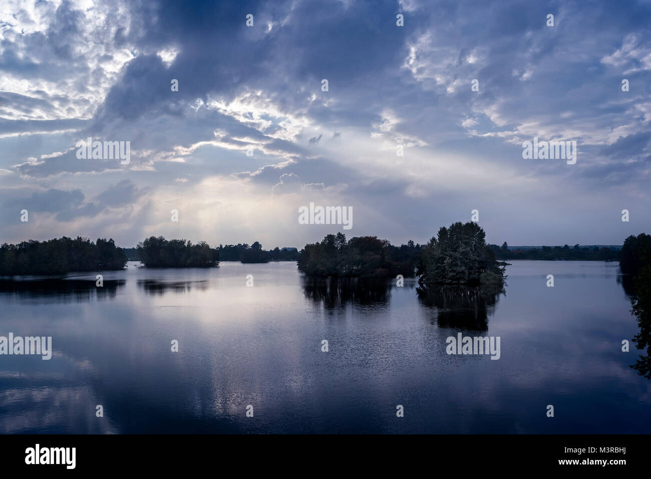 Inseln von Bäumen in der Mitte des Sees Prüßsee Stockfoto