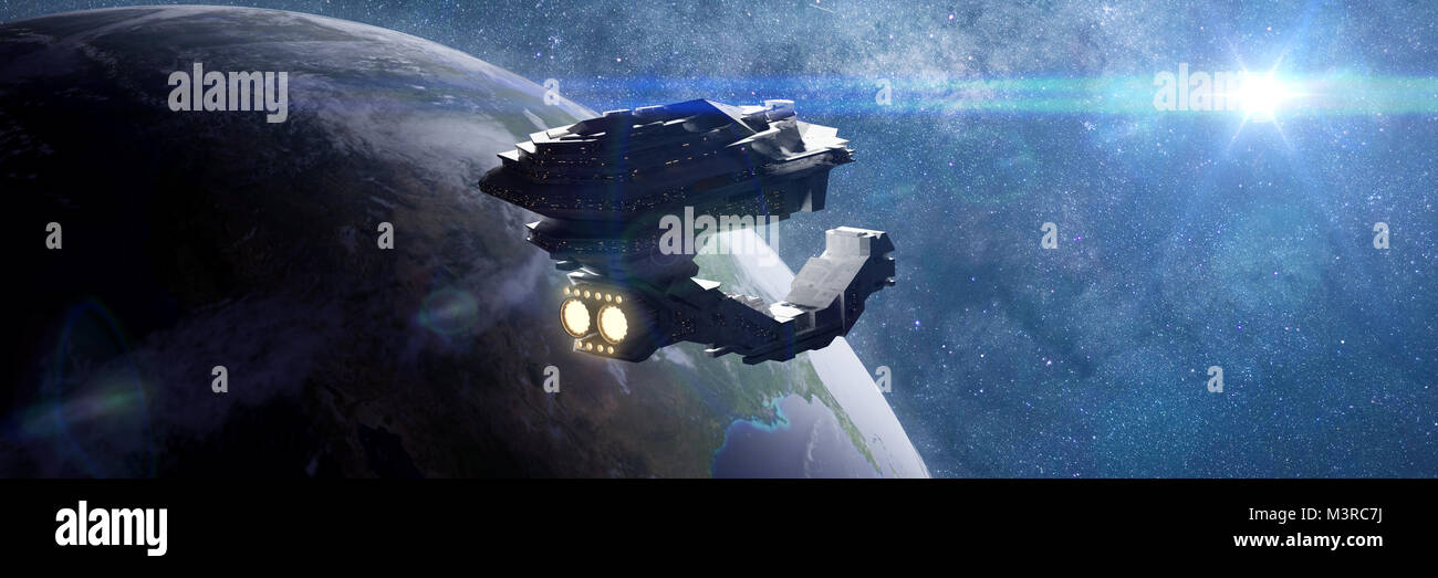 Riesiges Raumschiff in der Umlaufbahn des Planeten Erde, Satelliten im Weltraum (3d-science fiction Abbildung: Banner, Elemente dieses Bild durch NA eingerichtet Stockfoto