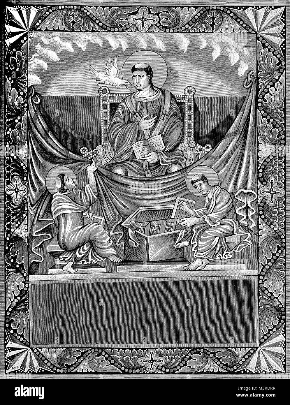 Miniatur aus einer mittelalterlichen Evangelium Buch der Hl. Gregor der Große, Papst der katholischen Kirche mit dem Namen Gregorius ich in VI Jahrhundert Stockfoto