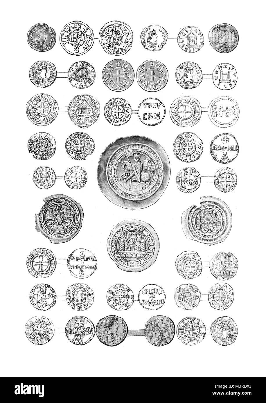 Vintage Gravur von mittelalterlichen Münzen der deutschen Könige und Kaiser Stockfoto