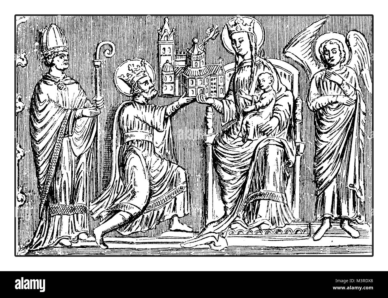 Silbernen Schrein bas-relief mit Karl der Große oder Karl der Große bietet die Kathedrale der Stadt an die Jungfrau Maria auf einem Thron, von einem Engel und einem Bischof, im Aachener Dom bewacht flankiert Stockfoto