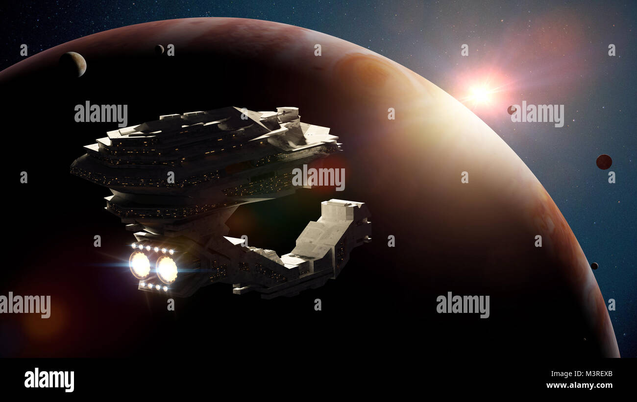 Raumschiff im Orbit des Planeten Jupiter (3d-science fiction Abbildung) Stockfoto