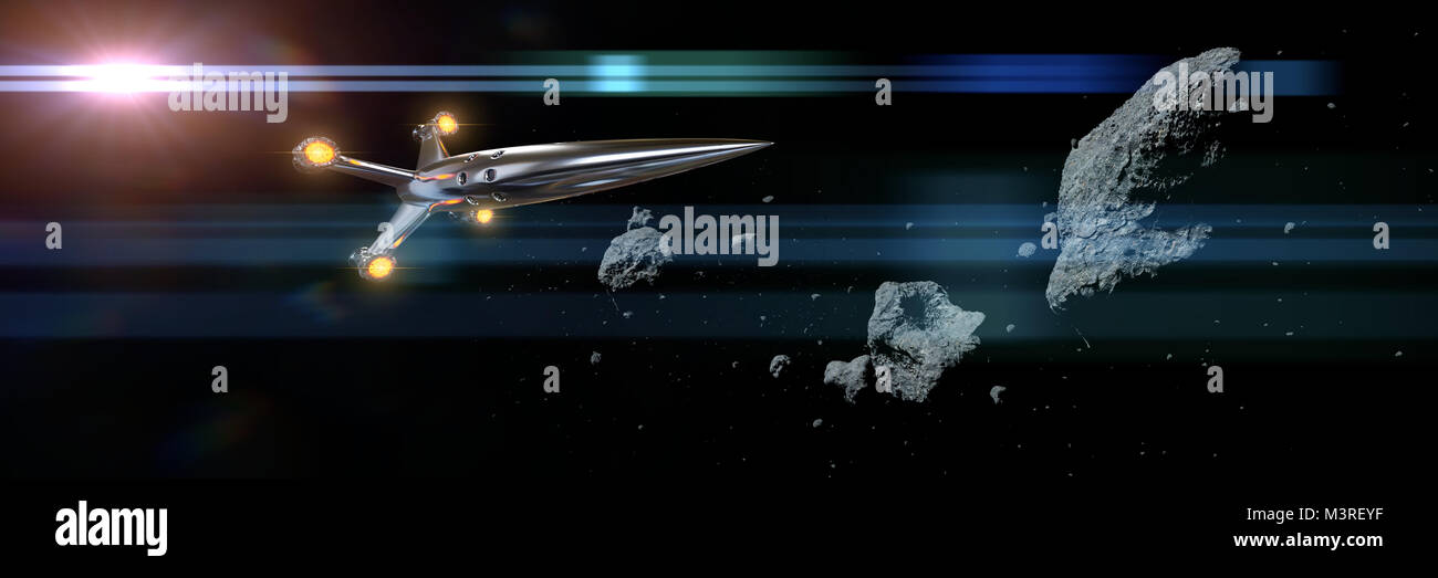 Raumschiff fliegen durch Asteroiden Feld beleuchtet von der Sonne (Abbildung 3 d science fiction Banner) Stockfoto