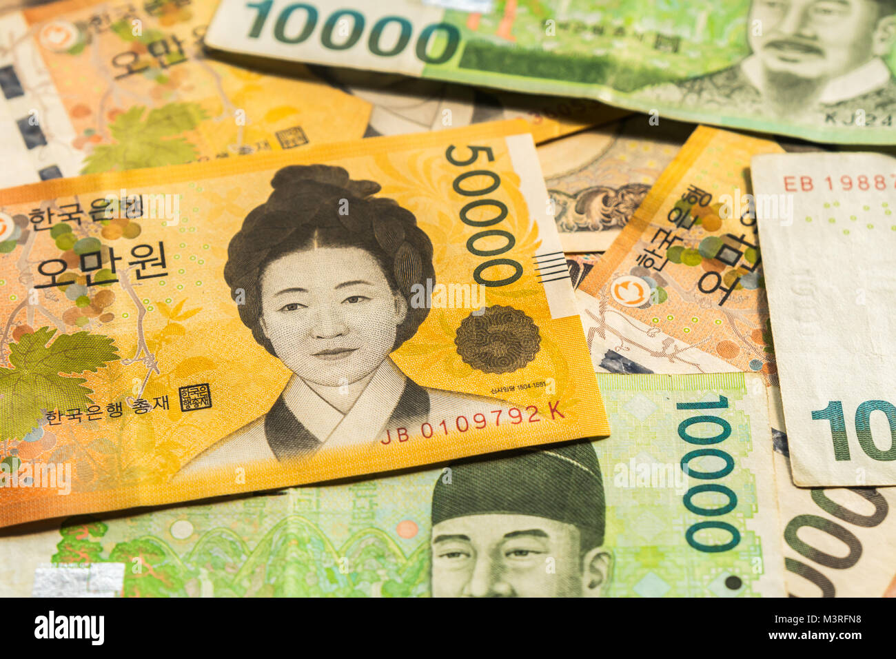 Koreanische gewonnenes Geld Banknoten. Stockfoto