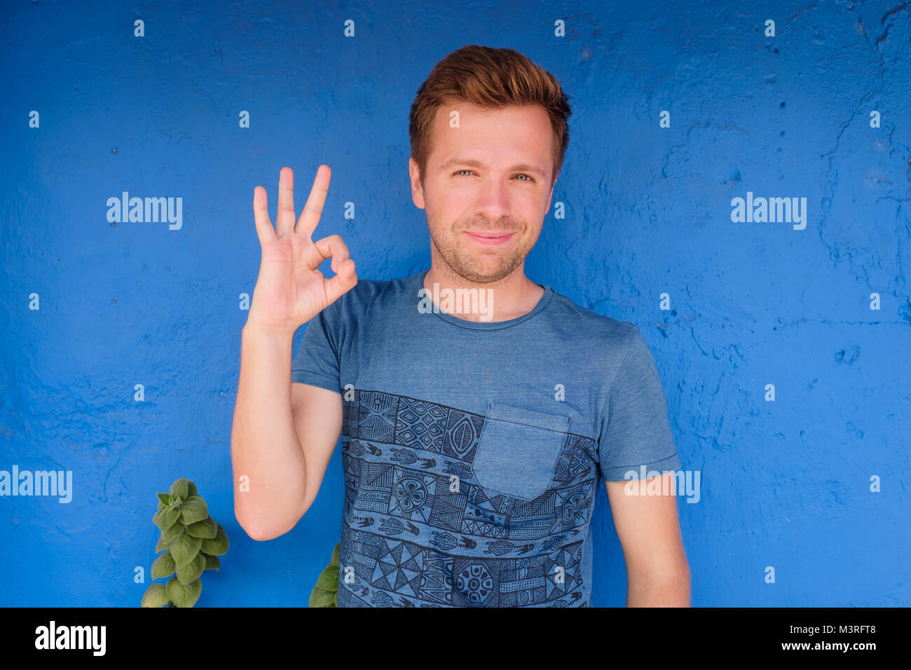 Zufrieden kaukasischen jungen Mann zeigt in Ordnung unterzeichnen, Stockfoto