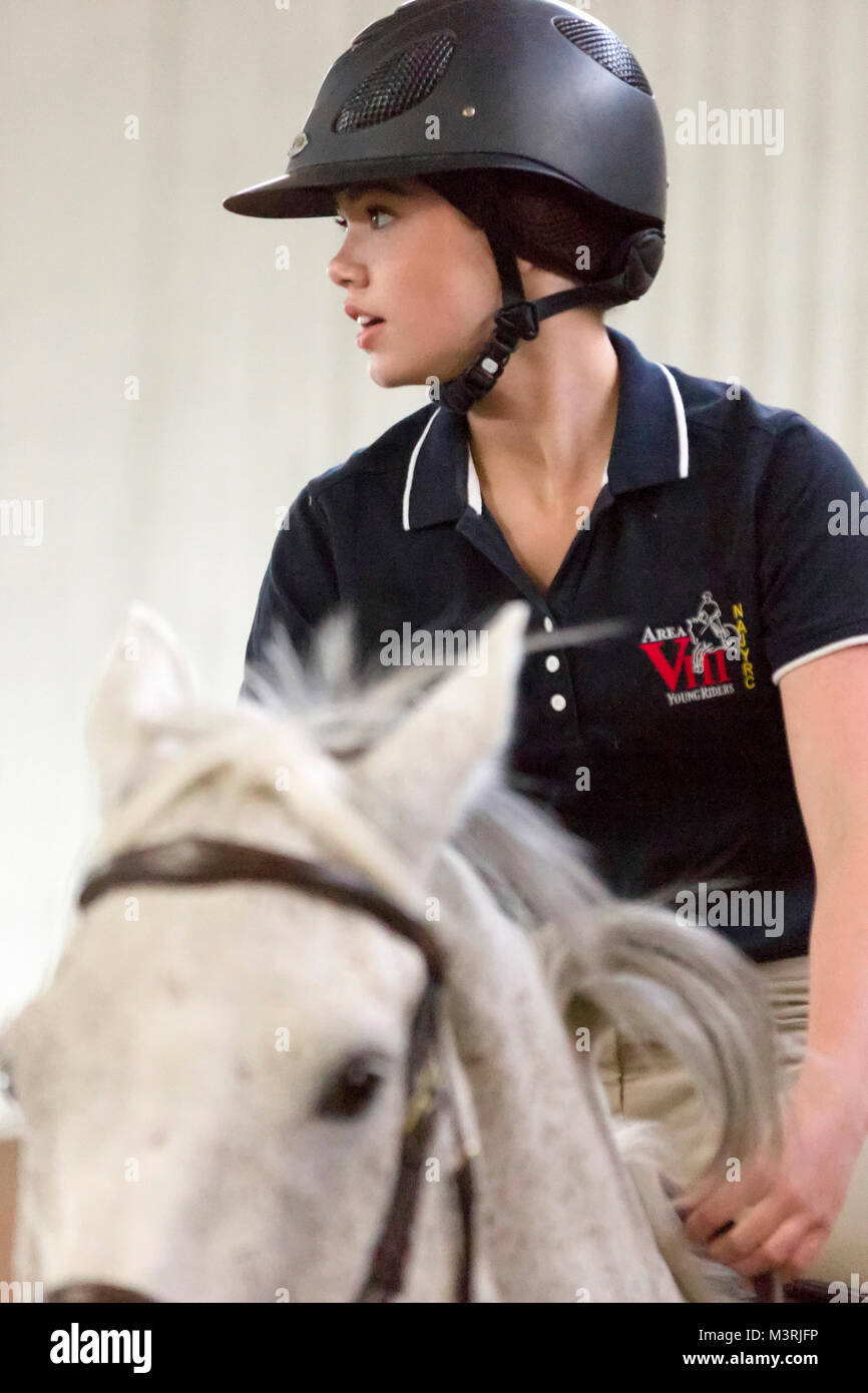 Cochrane, Alberta, Kanada. 7. Okt 2017. Alisha Newton, Georgie in der TV-Serie Heartland, fährt mit ihrem Pferd an einem Wettbewerb auf Neue Ansicht stallungen. Stockfoto