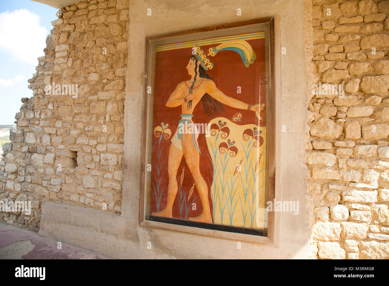 Eingang Süd, Korridor mit dem Fresko "Preis der Lilien, der Palast von Knossos archäologische Stätte, Insel Kreta, Griechenland, Europa Stockfoto