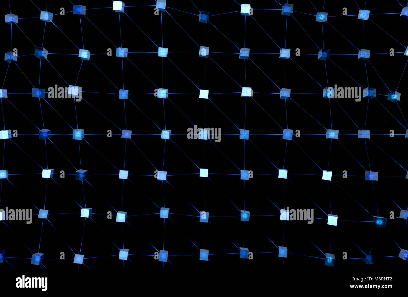 Ein Konzept mit einem Netz von miteinander verbundenen Blöcke von Daten zeigt eine cryptocurrency blockchain auf dunklem Hintergrund - 3D-Rendering Stockfoto