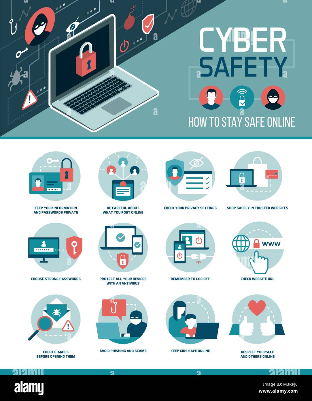 Cyber Sicherheitstipps Infografik: Wie online zu verbinden und die sozialen Medien sicher nutzen, Vektor Infografik mit Symbolen Stock Vektor