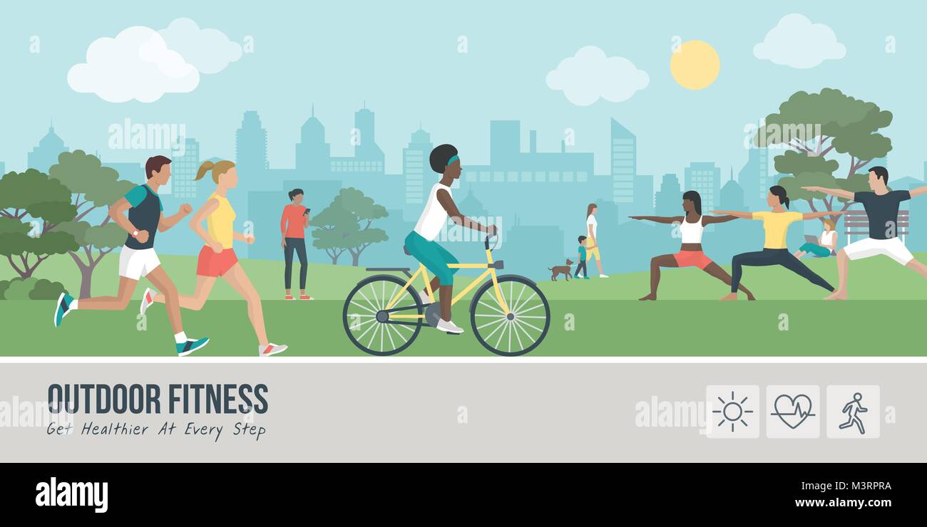 Junge Menschen, die körperliche Aktivität im Freien im Park, sie laufen, Rad fahren und Yoga; gesunde Lebensweise und Fitness Concept Stock Vektor