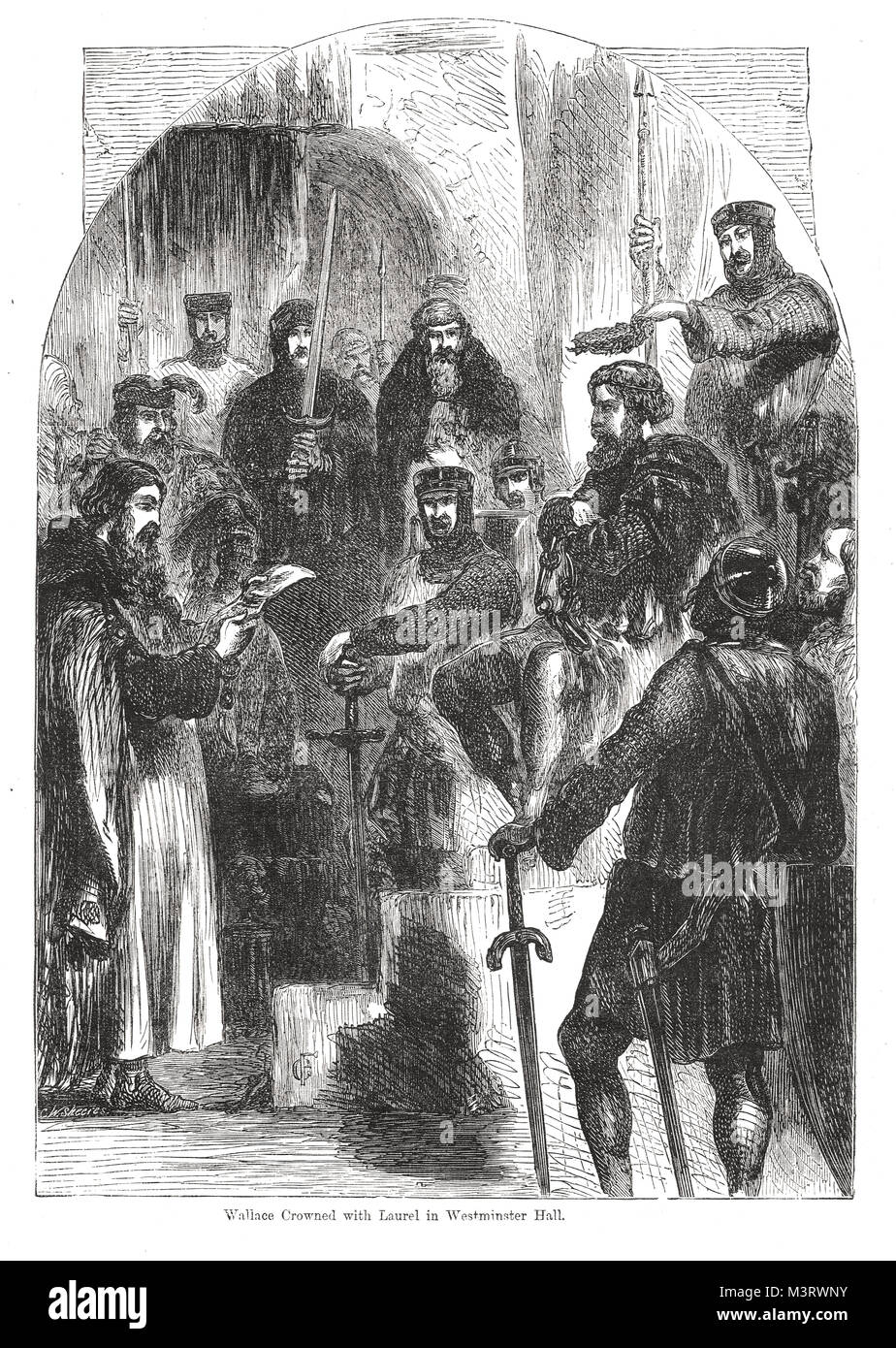 William Wallace gekrönt mit Laurel bei seinem Prozess wegen Landesverrats im Westminster Hall, London, August 1305. Die Girlande aus Eiche war, die darauf hindeuten, dass er war der König von ächtet Stockfoto