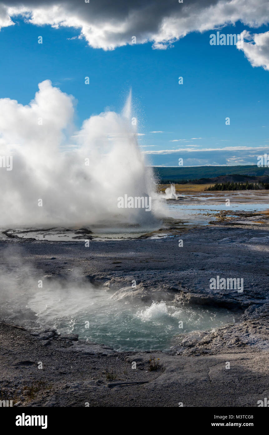 Schwaden von Wasserdampf Markieren mehrerer Geysire in der gleichen Zeit in der Fountain Paint Pot Bereich ausbrechenden. Yellowstone National Park, Wyoming, USA Stockfoto