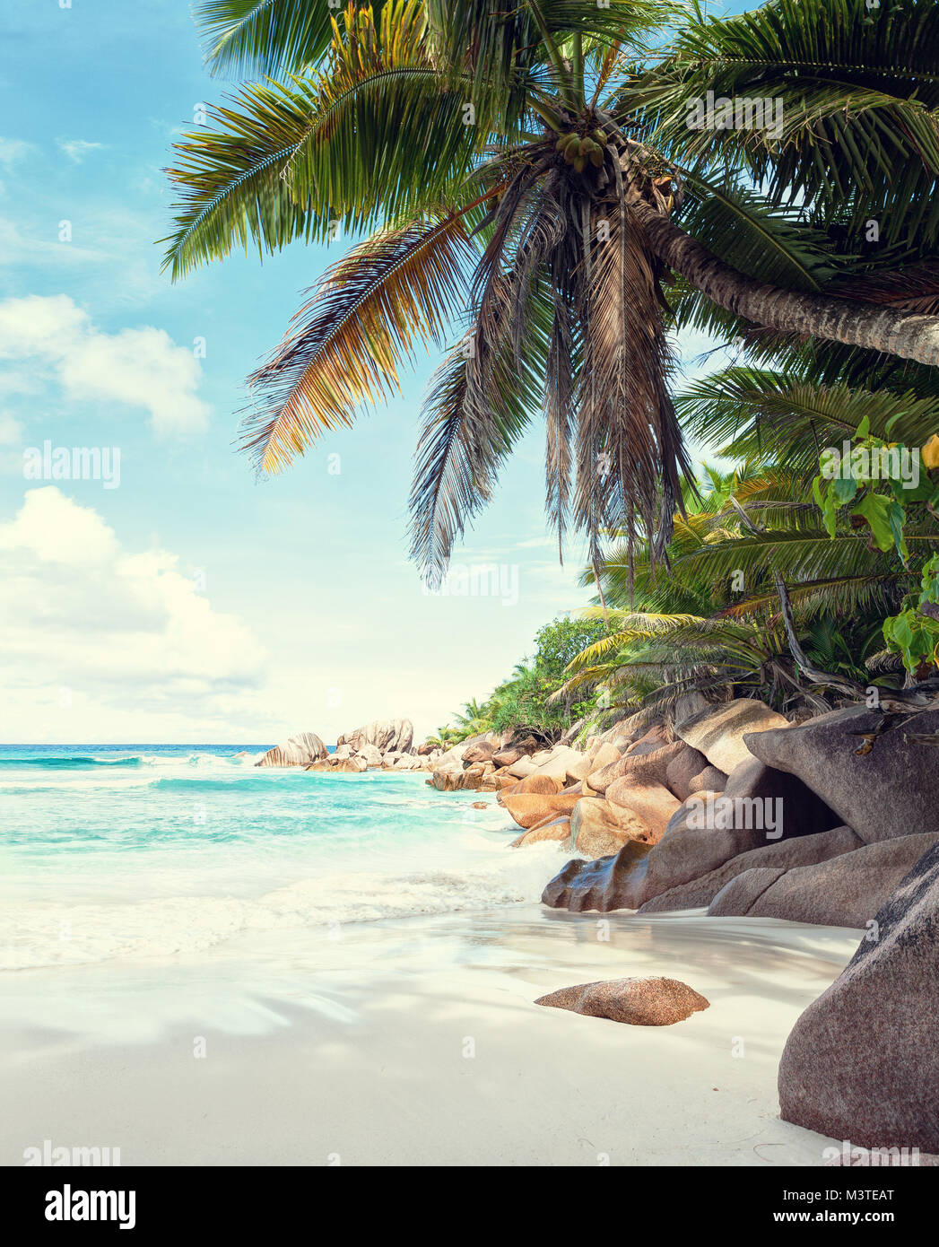 Schönen weißen Sandstrand, von Granitfelsen und Kokospalmen umgeben. La Digue, Seychellen. Getönten Bild. Stockfoto