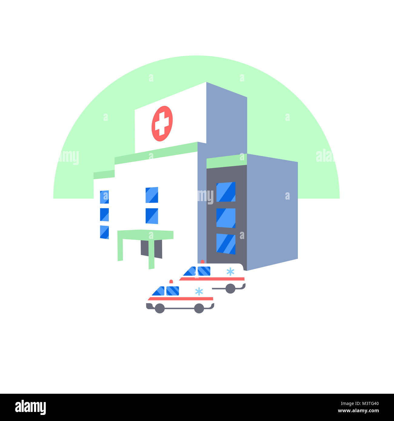 Krankenhaus Gebäude- und Rettungswagen Symbol. Medizinische Notfall flachbild Abbildung Stockfoto
