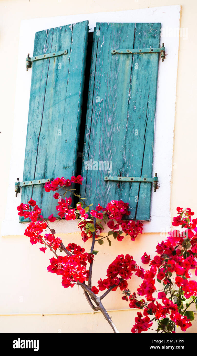 Blaue Fensterläden aus Holz in Paxos, Griechenland Stockfoto