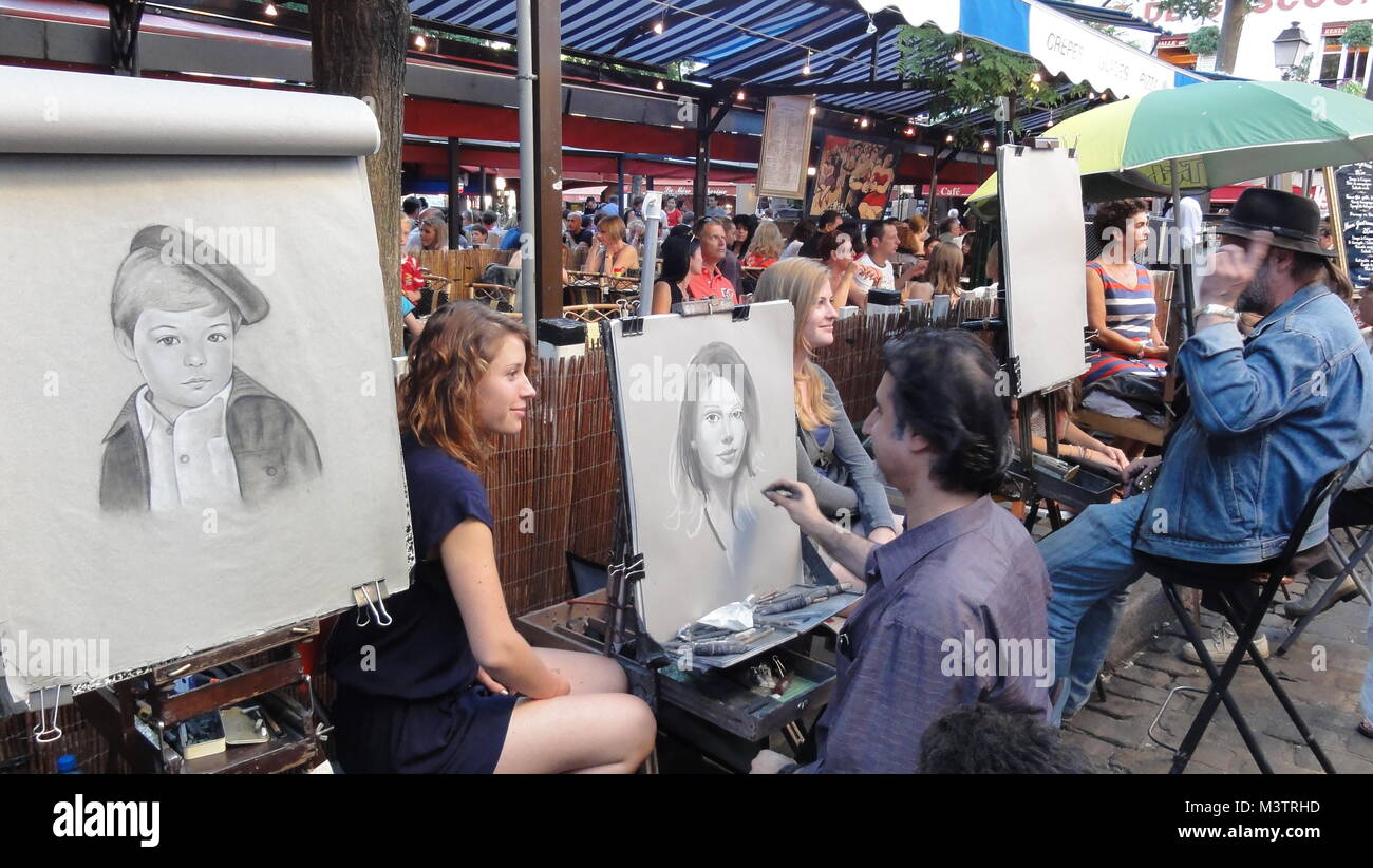 Straßenkünstler, die Porträts in Montmartre, Paris, machen Stockfoto