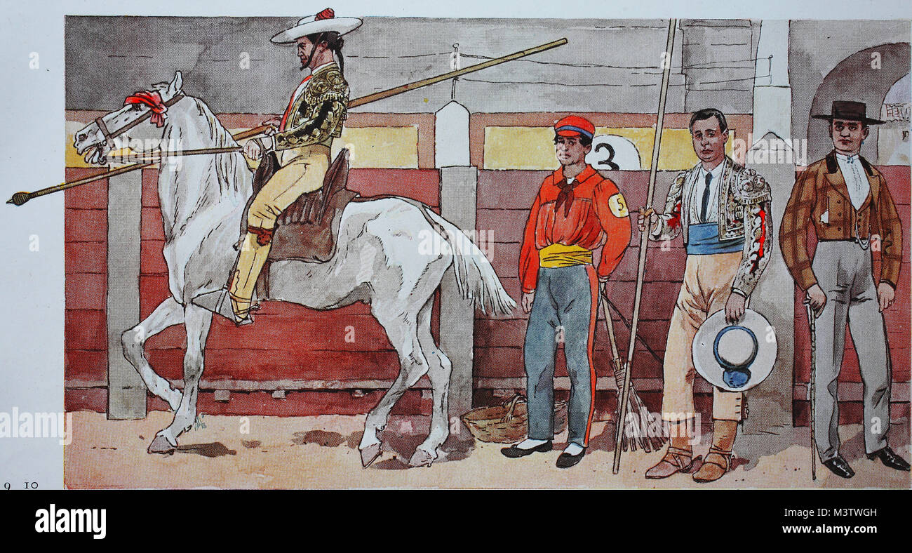 Mode, Kleidung an die Stierkämpfe in Spanien für moderne Geschichte, von links, ein picador auf dem Pferd mit der Lanze, dann ein Diener, dann ein picador mit mehr Leder overpants und ein stierkämpfer in einer Straße, digital verbesserte Reproduktion aus einem Original aus dem Jahr 1900 Stockfoto