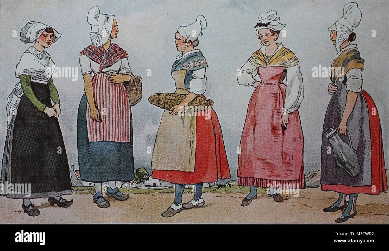 Mode, Kleidung in Frankreich zu Beginn des 19. Jahrhunderts, Kostüme der Bretagne, von links, Kostüme aus der Gegend von Granville, dann von der Caux Landschaft, dann aus dem Kostüm von St. Valrey en Caux, dann vom Cherbourg und von Sainte-foy in Dieppe, digital verbesserte Reproduktion aus einem Original aus dem Jahr 1900 Stockfoto