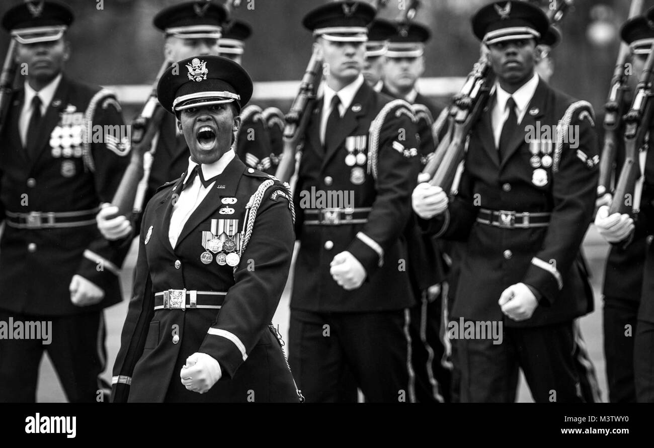 Us-Piloten der US Air Force Ehrengarde März während der Revue passieren auf der 58 Präsidentschafts-einweihung in Washington, D.C., Jan. 20, 2017 zugeordnet. Mehr als 5.000 militärischen Mitgliedern aus über alle Niederlassungen der Streitkräfte der Vereinigten Staaten, einschließlich der Reserve und der National Guard Komponenten, sofern zeremoniellen Unterstützung und Verteidigung Unterstützung der zivilen Behörden bei der Eröffnungs-Periode. (DoD Foto von US Air Force Staff Sgt. Marianique Santos) 170120-D-NA 975-1545 durch AirmanMagazine Stockfoto