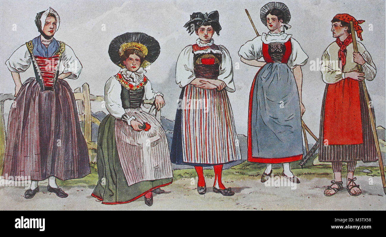 Mode, Trachten, Kleidung in der Schweiz in der Mitte des 19. Jahrhunderts,  von links, Mädchen aus Appenzell, dann eines aus dem Kanton Thurgau, dann  eines aus dem Kanton Aargau, dann eines aus