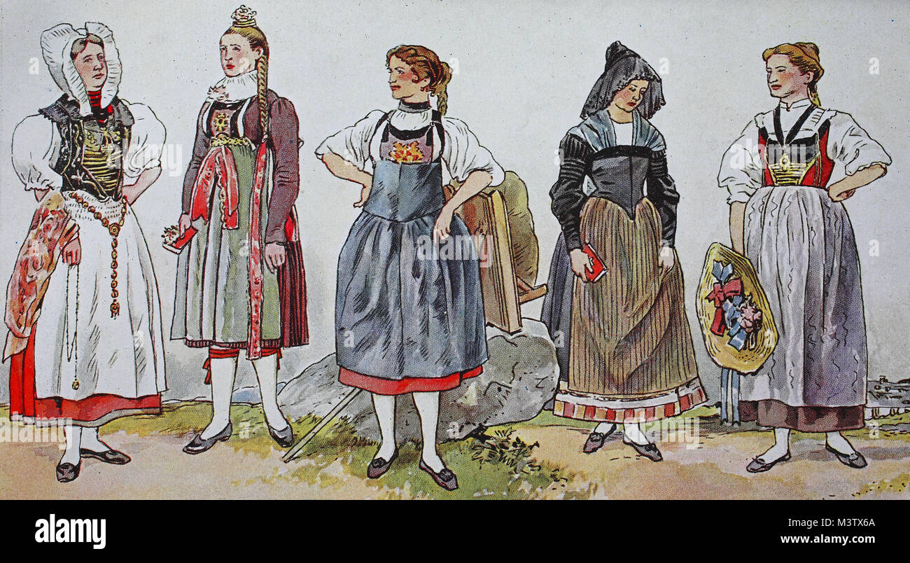 Mode, Trachten, Kleidung in der Schweiz in der Mitte des 19. Jahrhunderts,  von links, Landwirte Frau aus Olten, Kanton Solothurn, die Braut von  Guggisberg, Kanton Bern, arbeiten Kostüm von Guggisberg, kirchgänger im