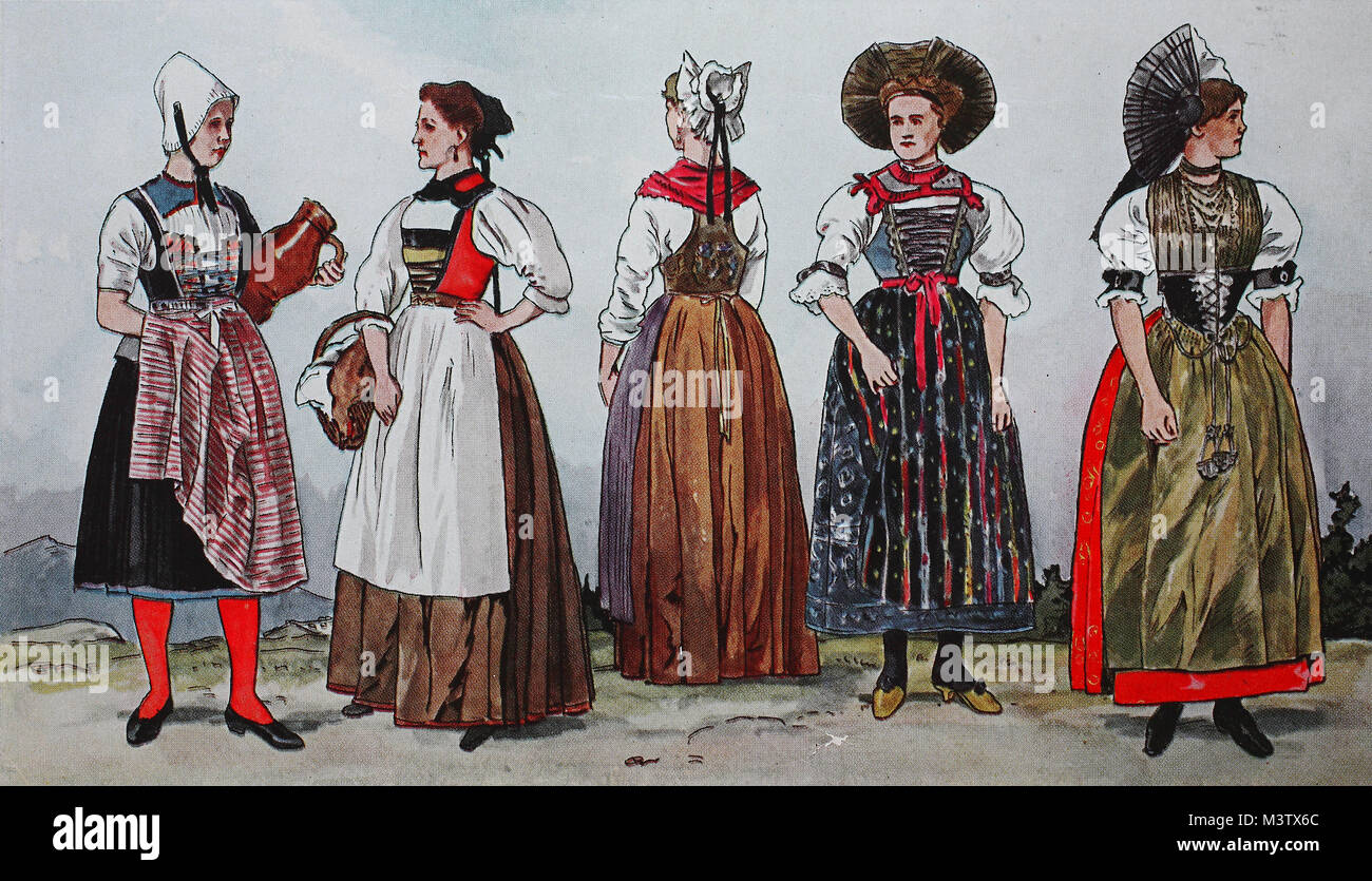 Mode, Trachten, Kleidung in der Schweiz zu Beginn des 19. Jahrhunderts, von  links, Mädchen in alten Kleidern aus der Kronauer Büro im Kanton Zürich,  dann Tracht aus dem Kanton Zürich, zweimal aus