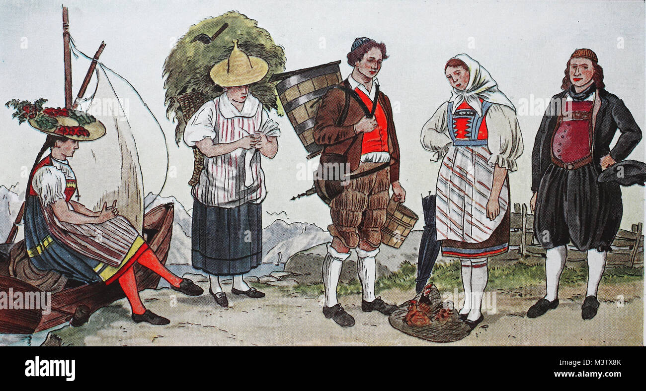 Mode, Trachten, Kleidung, in der Schweiz, Anfang des 19. Jahrhunderts, von  links, Skipper des Zugersees, 1824, Waadt Bauer Mädchen aus dem Dorf in der  Nähe von Charnay Clarence, eine Molkerei Bauer und
