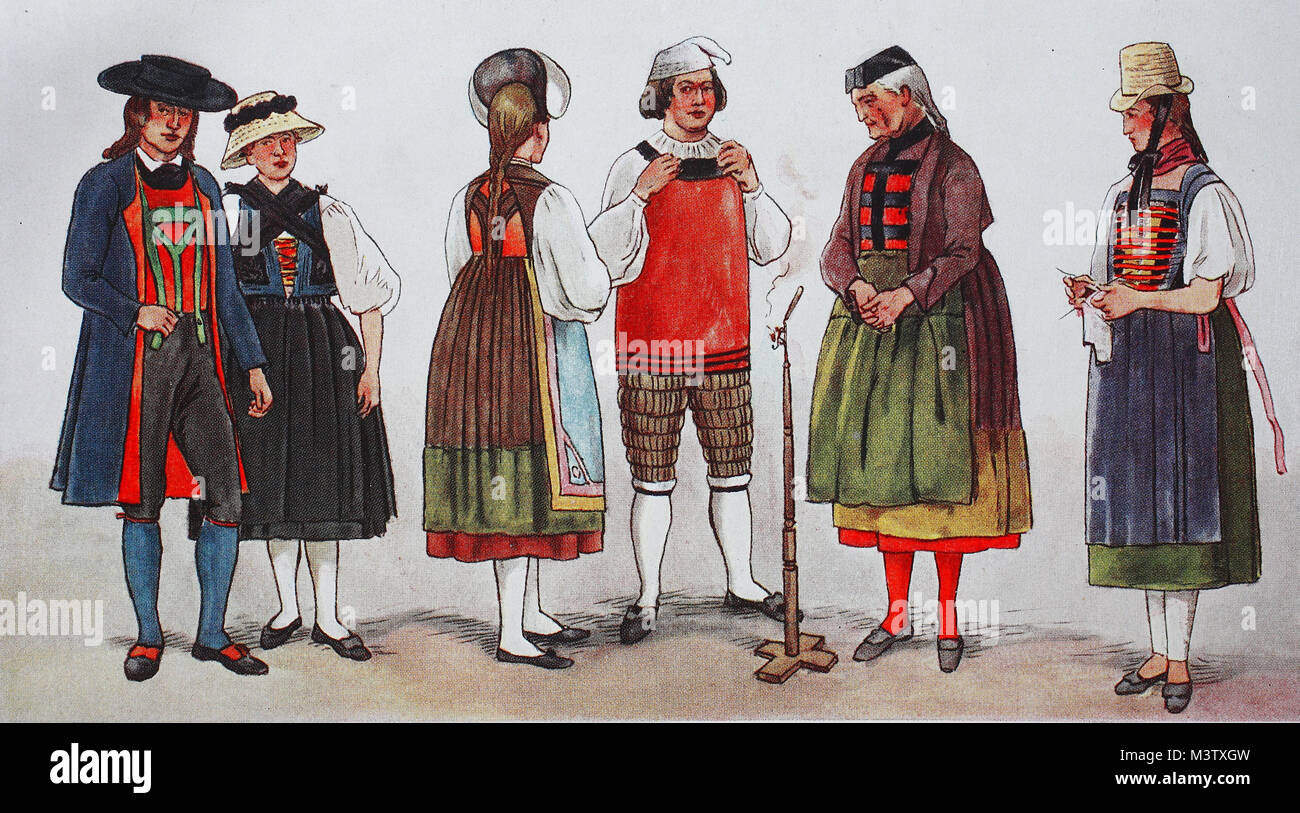 Mode, Kleidung, Kostüme in Deutschland im Schwarzwald, etwa aus dem 19.  Jahrhundert, von links, Bauern aus Hornberg, dam drei Kostüme aus der  ehemaligen Grafschaft Hauenstein im südlichen Schwarzwald 1825, und ein  Mädchen