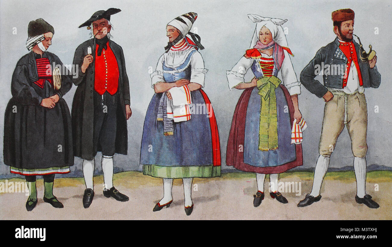 Mode, Kleidung in Deutschland, Kostüme aus Bayern, Franken, etwa aus dem 19. Jahrhundert, von links, ein Paar aus dem Raum Nuernberg, eine Frau aus Gochsheim, dann eine Frau aus Geldersheim bei Schweinfurt und ein Bauer aus Unterfranken, digital verbesserte Reproduktion aus einem Original aus dem Jahr 1900 Stockfoto