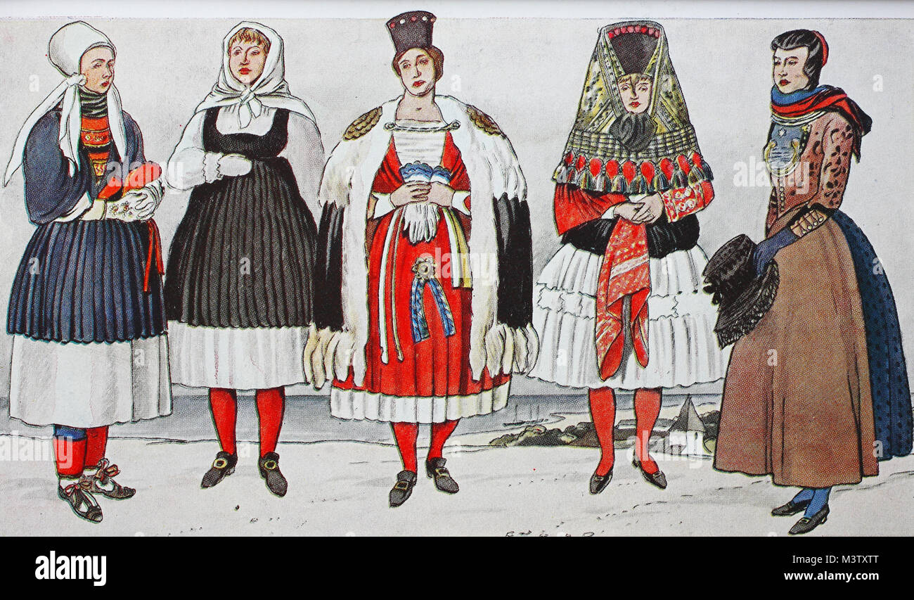 Mode, Kleidung in Deutschland, Kostüme von der Insel Sylt und Föhr über aus  dem 19. Jahrhundert, von links, das Letzte Abendmahl Kostüm aus der Insel  Amrum, Sylt Kostüm von 1644, dann das