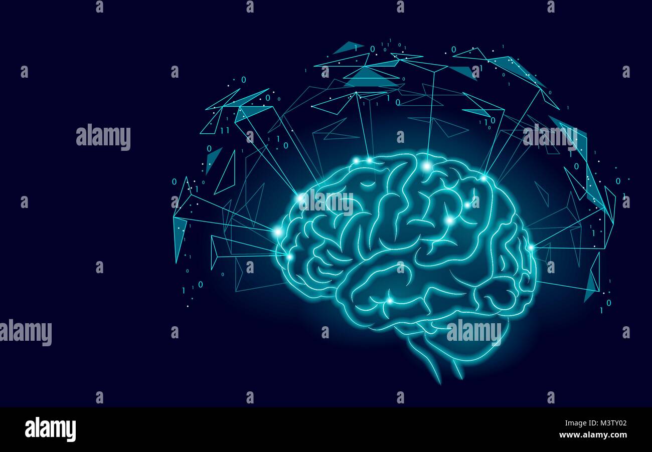 Aktive menschlichen Gehirns künstliche Intelligenz nächste Stufe Mann menthal Fähigkeiten. Technologie Low Poly design augmented reality geometrische Formen blau leuchtende. Symbol der Weisheit Vector Illustration Stock Vektor