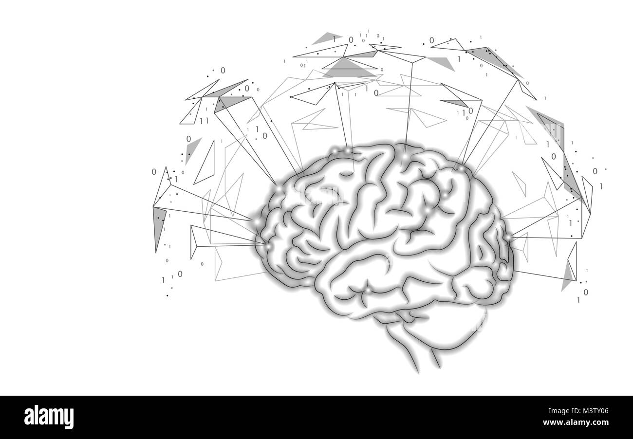 Aktive menschlichen Gehirns künstliche Intelligenz nächste Stufe Mann menthal Fähigkeiten. Technologie Low Poly design augmented reality geometrische Formen schwarz weiß Schwarzweiß-Symbol der Weisheit Vector Illustration Stock Vektor