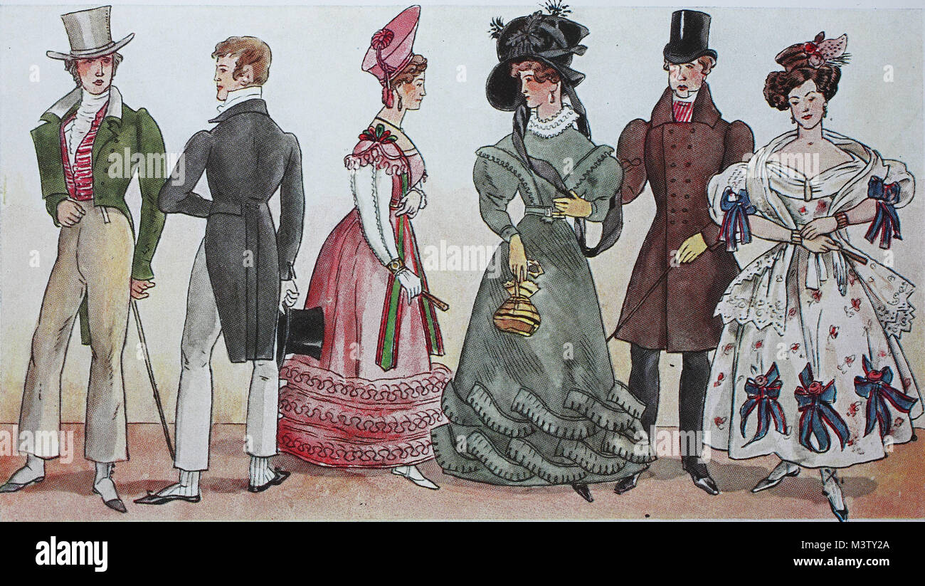Mode, Kleidung, das Biedermeier Mode in Deutschland, von links, der zweimal Kleidung der Männer von 1819, dann eine Dame aus dem Jahre 1826, eine Frau und ein Mann in der Straße Kleidung von 1829, und eine Dame in feiner Kleidung der besseren Gesellschaft von 1832, digital verbesserte Reproduktion aus einem Original aus dem Jahr 1900 Stockfoto
