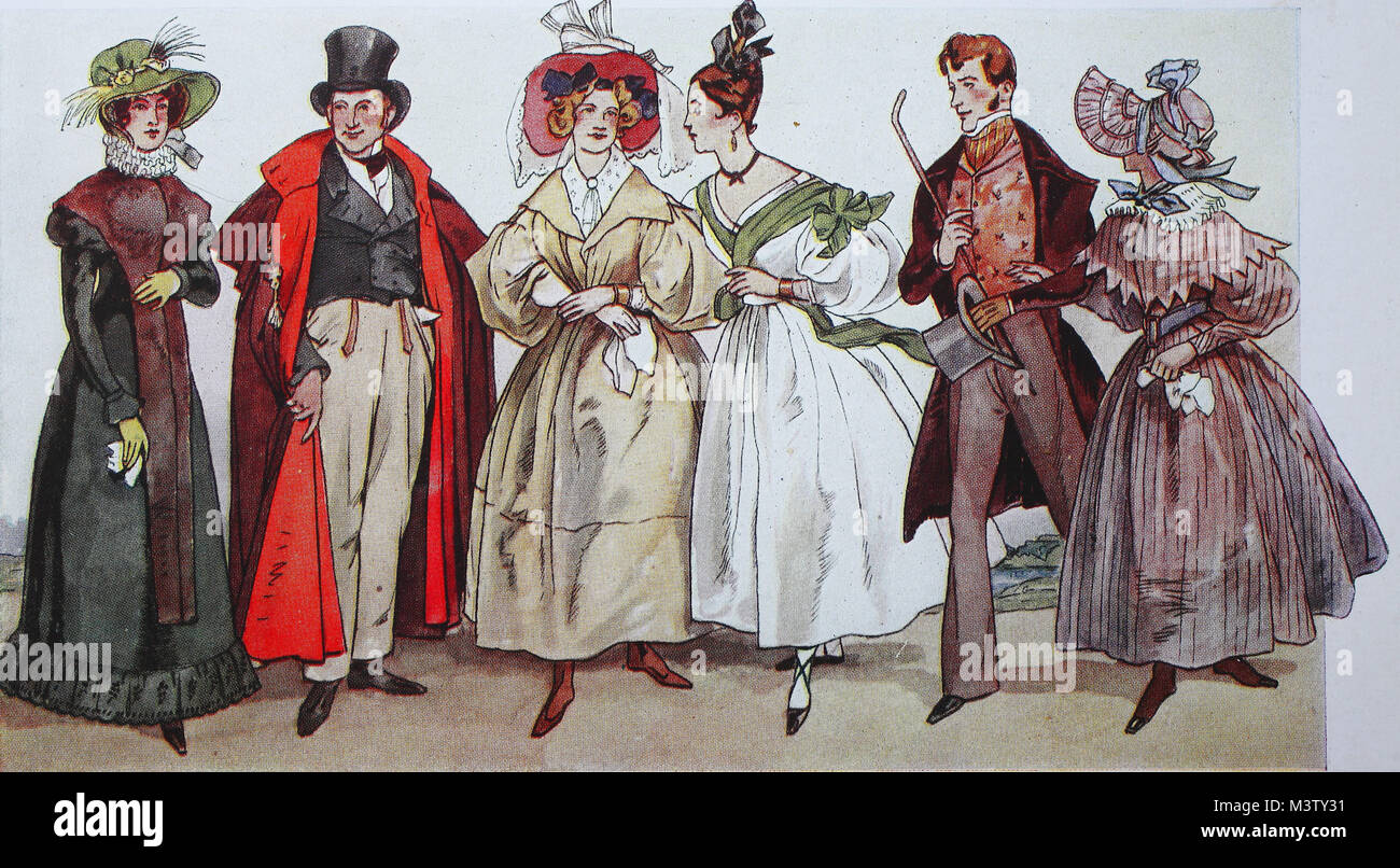 Mode, Kleidung, Fashion in Frankreich um 1825-1830, von links, Dame in  winter fashion von Dezember 1823, einem eleganten Gentleman in einem weiten  Mantel von 1823, zwei Damen aus dem Jahre 1830 und