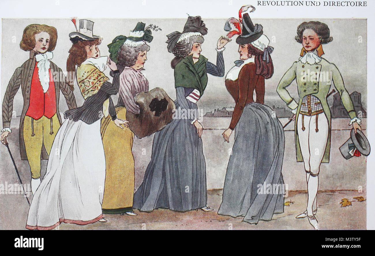 Mode, Kleidung, Frankreich, Pariser Kostüme in der Zeit der Revolution um  1790, von links, Herr in Seide a la francaise, Dame in grauer Seide Filzhut  mit silbernen Felgen, zwei Damen von 1790,