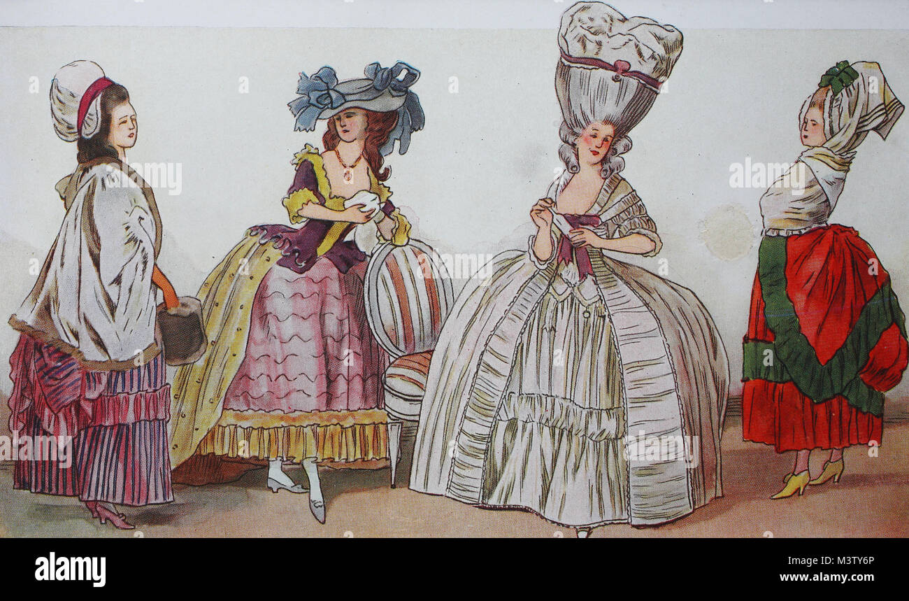 Mode, Kleidung in Frankreich, späten Rokoko um 1780, von links, Dame, gekleidet in einen Morgenmantel, a-la-laitiere Milchmagd, dann eine Dame mit einem großen Hut, dann eine Dame in einem zeremoniellen Kostüm mit einem großen Hoop Rock, Coiffüre a la Montogolfier, der aufgerufen wird, zu Ehren der neuen Ballon, und eine Dame mit der sogenannten Dormeuse, eigentlich schlafen Haube, digital verbesserte Reproduktion aus einem Original aus dem Jahr 1900 Stockfoto