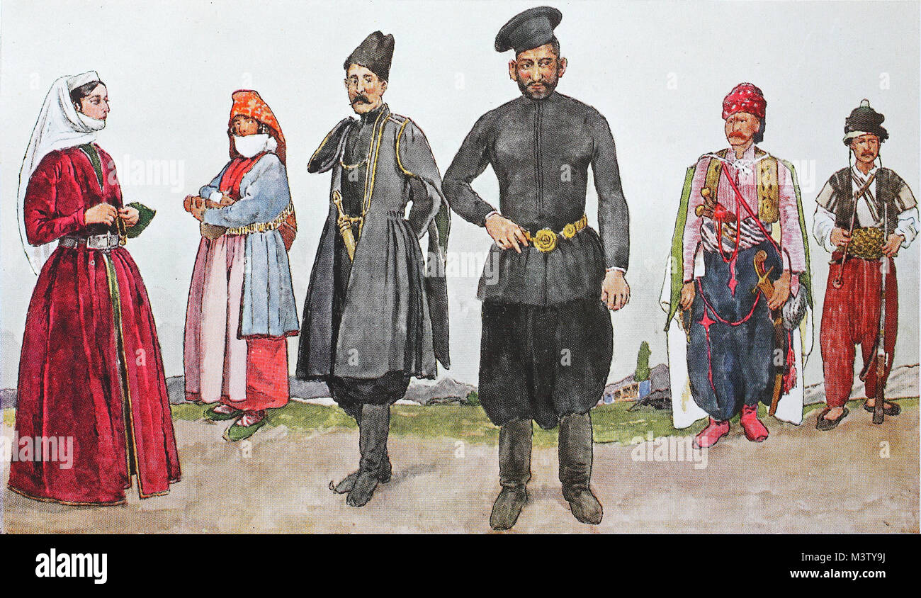 Mode, Kostüme, Kleider in den Kaukasus, Armenien, von links, verehrte Armenischen von Julfa, eine armenische Bäuerin von Shusha, ein Armenier in der alten Tracht von Shusha, eine armenische Gastwirt aus der Gegend von Tiflis, einer kurdischen Chief aus der Gegend von Eriwan und einen kurdischen Mann aus der nestorianische Berge, digitale Reproduktion aus einem Original aus dem Jahr 1900 verbessert Stockfoto
