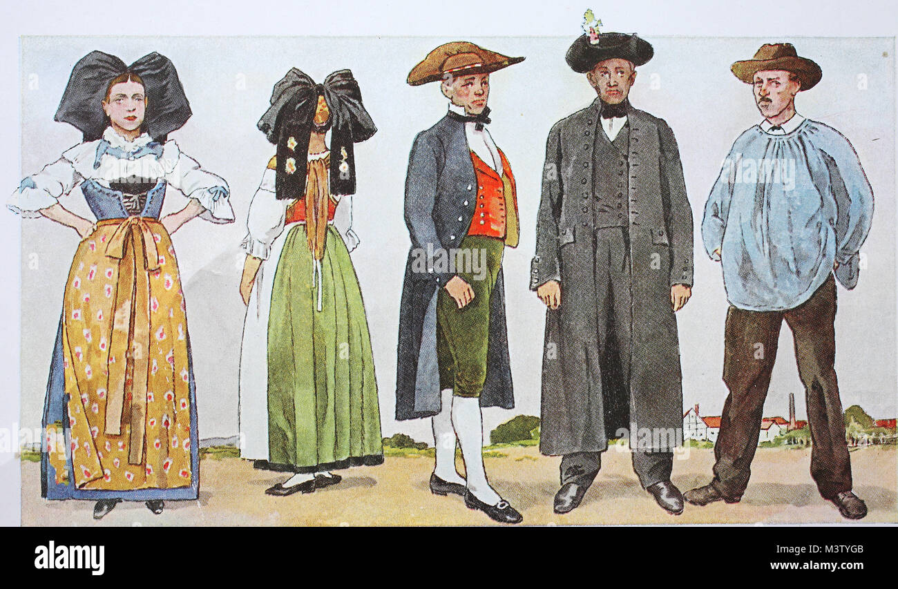 Mode, Kleidung, Trachten in Frankreich, im Elsass rund um das 19. Jahrhundert, von links, eine Frau in der traditionellen Kleid von Truchtersheim in der Nähe von Straßburg, zwei Männer aus Geispldsheim in alten Kostümen, auch in der Nähe von Straßburg und ein Mann in Arbeitskleidung aus der Gegend von Schlettstadt, digital verbesserte Reproduktion aus einem Original aus dem Jahr 1900 Stockfoto